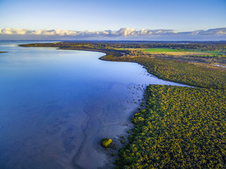 Aerial view of beautiful coastline near Hastings at dusk. Melbourne, Australia