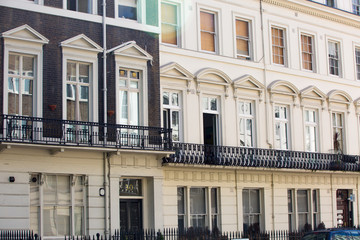 Windows of the luxury apartments in Bayswater. Centre London residential buildings.  