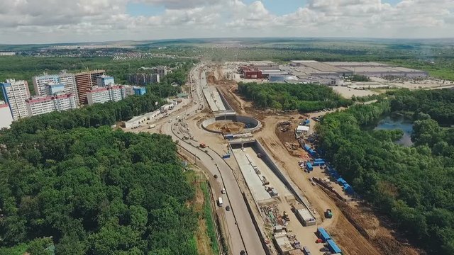 Reconstruction Of Highway And Brand New Traffic Circle In Samara, Cars Are Moving In Detour, Aerial