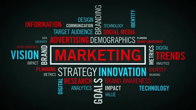 Marketing Word Cloud Black - A cloud of words forms describing the many aspects of marketing. Available in multiple colors. Seamless Loop.