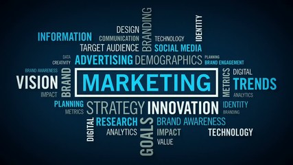Marketing Word Cloud Blue - A cloud of words forms describing the many aspects of marketing. Available in multiple colors. Seamless Loop. - Powered by Adobe