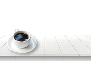 Black coffee in cup on wooden table, white background clipping path.