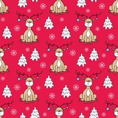 Christmas colorful seamless pattern with the image of a cute deer and fir trees. Vector background.