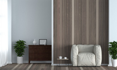 White armchair in the living room in front of wood walls 3D Rendering,interior decoration and furniture set