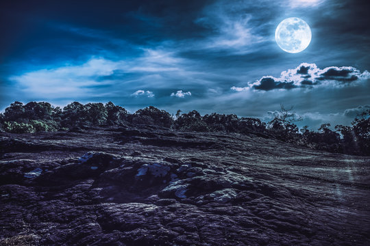 Landscape of night sky with full moon,  serenity nature background.