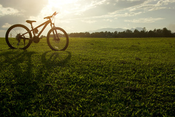 Fototapeta na wymiar Silhouette of big bicycle on the green grass field with the sun light background