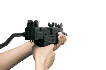 Sub machine gun in hands isolated.
