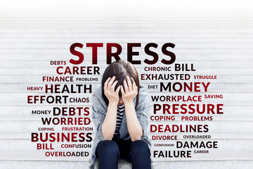 Depressed business woman sitting on stair. Surrounded by Negative Wording and Worrying Subject. Mental Health Disorder Concept