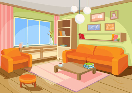 Vector illustration of a cozy cartoon interior of a home room, a living room with a sofa, coffee table, chest of drawers, shelf and window