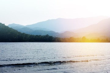 Scenic view on mountains with seascape