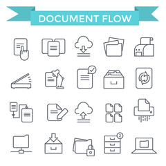 Document flow and archive icons, thin line, flat design