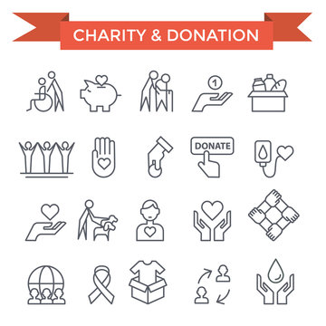 Charity, Donation and volunteer work concept icons, thin line flat design