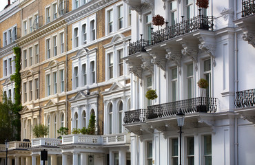 Windows of the luxury apartments in Kensington. Centre London residential buildings.  Kensington...