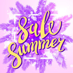 Sunset on the beach Summer sale violet background with palm. Vector banner