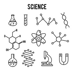 Science icons on white background. Research outline icon. Tiny line vector elements