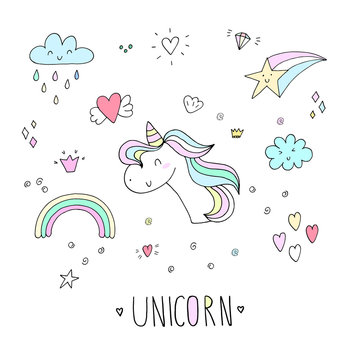 Hand drawn set with Cute unicorn print for kids. Vector illustration