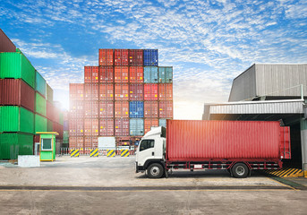 Cargo transportation unloading container trucks in warehouse logistics import export background