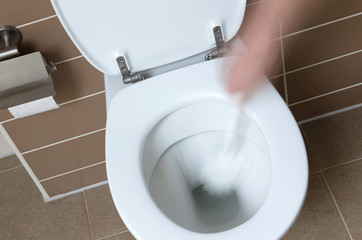 White toilet bowl in the bathroom, cleaning with toiletbrush