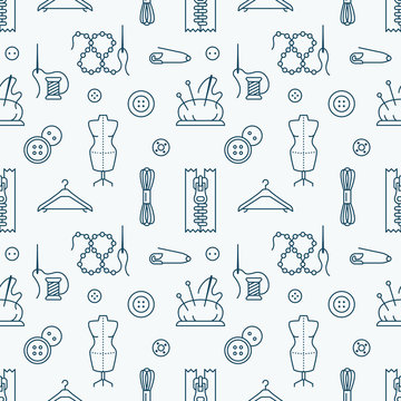 Sewing equipment, tailor supplies seamless pattern with flat line icons set. Needlework accessories - sewing needle, thread, DIY tools. White and blue backdrop with linear signs for hand made store.