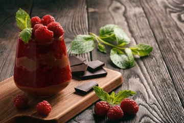 Layered chocolate dessert with raspberry mousse.