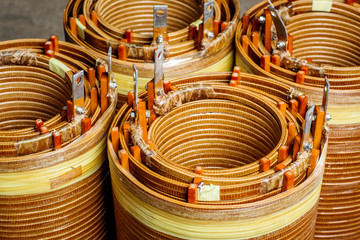 Manufacturing of high voltage transformer in the production workshop.