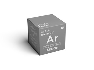 Argon. Noble gases. Chemical Element of Mendeleev's Periodic Table. Argon in square cube creative...