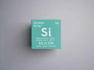 Silicon. Silicium. Metalloids. Chemical Element of Mendeleev's Periodic Table. Silicon in square cube creative concept.