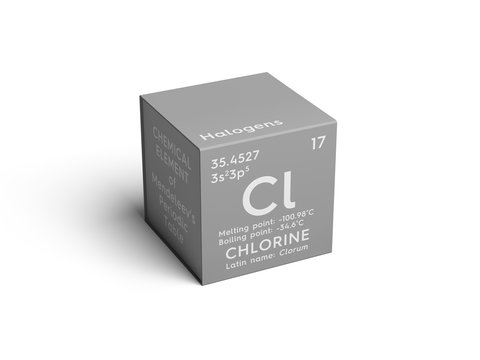 Chlorine. Clorum. Halogens. Chemical Element of Mendeleev's Periodic Table. Chlorine in square cube creative concept.