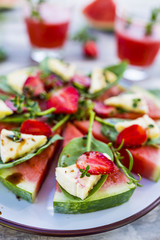 Delicious watermelon pizza with cheese and herbs on a table in the garden.
