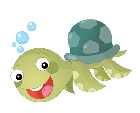 Cartoon happy and funny sea turtle swimming - illustration for children