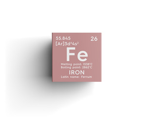 Iron. Ferrum. Transition metals. Chemical Element of Mendeleev's Periodic Table. Iron in square...