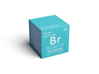 Bromine. Bromum. Halogens. Chemical Element of Mendeleev's Periodic Table. Bromine in square cube creative concept. - obrazy, fototapety, plakaty