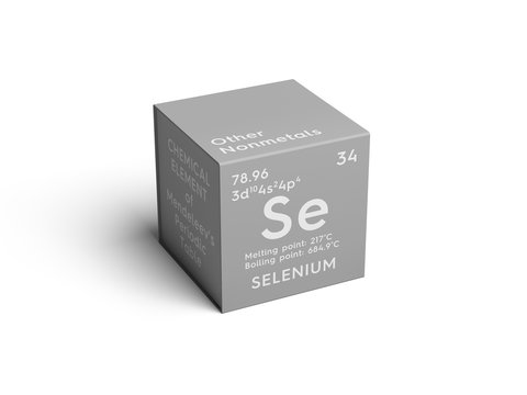 Selenium. Other Nonmetals. Chemical Element of Mendeleev's Periodic Table. Selenium in square cube creative concept.