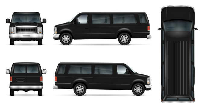 Black van vector template for car branding and advertising. Isolated mini bus on white background. All layers and groups well organized for easy editing and recolor. View from side, front, back, top.