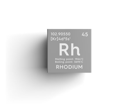 Rhodium. Transition metals. Chemical Element of Mendeleev's Periodic Table. Rhodium in square cube creative concept.