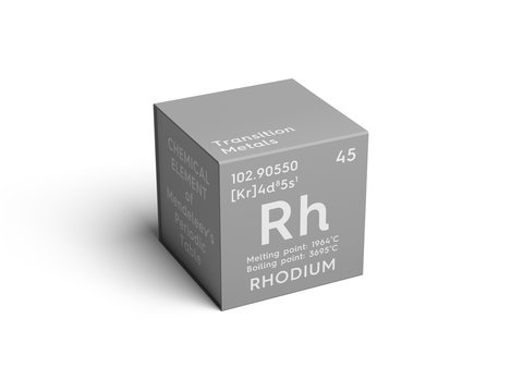 Rhodium. Transition metals. Chemical Element of Mendeleev's Periodic Table. Rhodium in square cube creative concept.