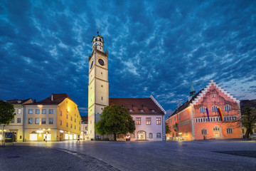 Historical landmarks of Ravensburg: Blaserturm (trumpeter's tower), Waaghaus (weighing house) and Town hall (Rathaus) loacated on Marienplatz square - obrazy, fototapety, plakaty