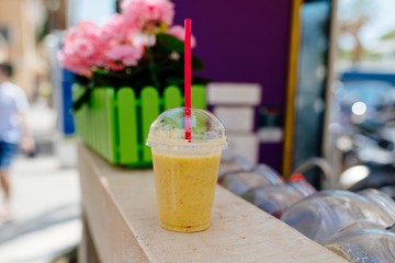 Banana smoothie in the roadside bar