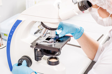 Professional scientist doing research with microscope in clinical laboratory. .
