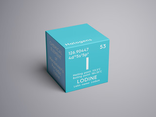 Lodine. Lodum. Halogens. Chemical Element of Mendeleev's Periodic Table. Lodine in square cube...