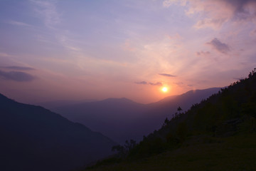 Colorful sunset in Himalayas, Nepal. View from Sete village on the way  to Everest basecamp.