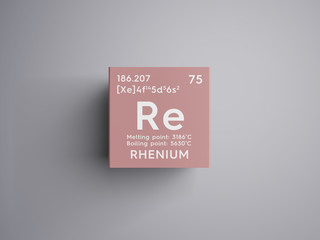Rhenium. Transition metals. Chemical Element of Mendeleev's Periodic Table. Rhenium in square cube creative concept.