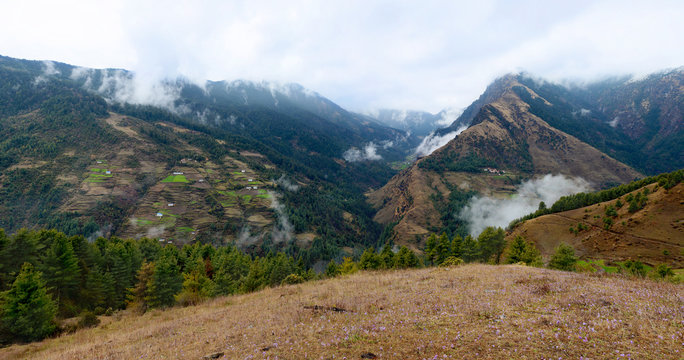 View of the Himalayas near Junbesi village on the way from Jiri to Everest Base Camp by classic route. Sagarmatha national park, Nepal