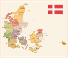 Denmark - vintage map and flag - illustration