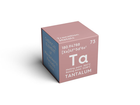 Tantalum. Transition metals. Chemical Element of Mendeleev's Periodic Table. Tantalum in square cube creative concept.