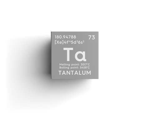 Tantalum. Transition metals. Chemical Element of Mendeleev's Periodic Table. Tantalum in square cube creative concept.