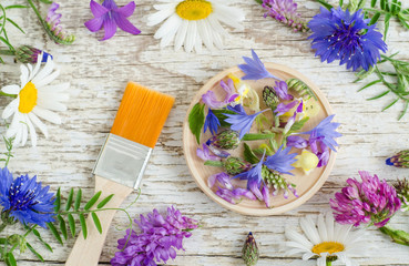 Obraz na płótnie Canvas Small wooden plate with various flowers, petals and leaves and cosmetic brush, Ingredients of herbal cosmetic. Organic skincare, homemade cosmetics and spa concept. 