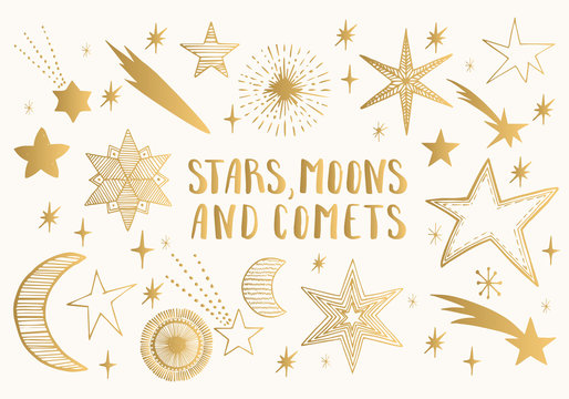 Golden stars, moons, comets. Hand drawn vector.