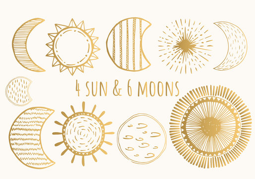 Golden moons and suns. Vector. Isolated.