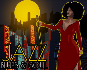 Obrazy na Plexi  Vintage plakat z pejzażem miejskim, piosenkarka retro kobieta i księżyc. Czerwona sukienka na kobietę. Mikrofon retro. Plakat koncertu muzyki jazzowej, soulowej i bluesowej.